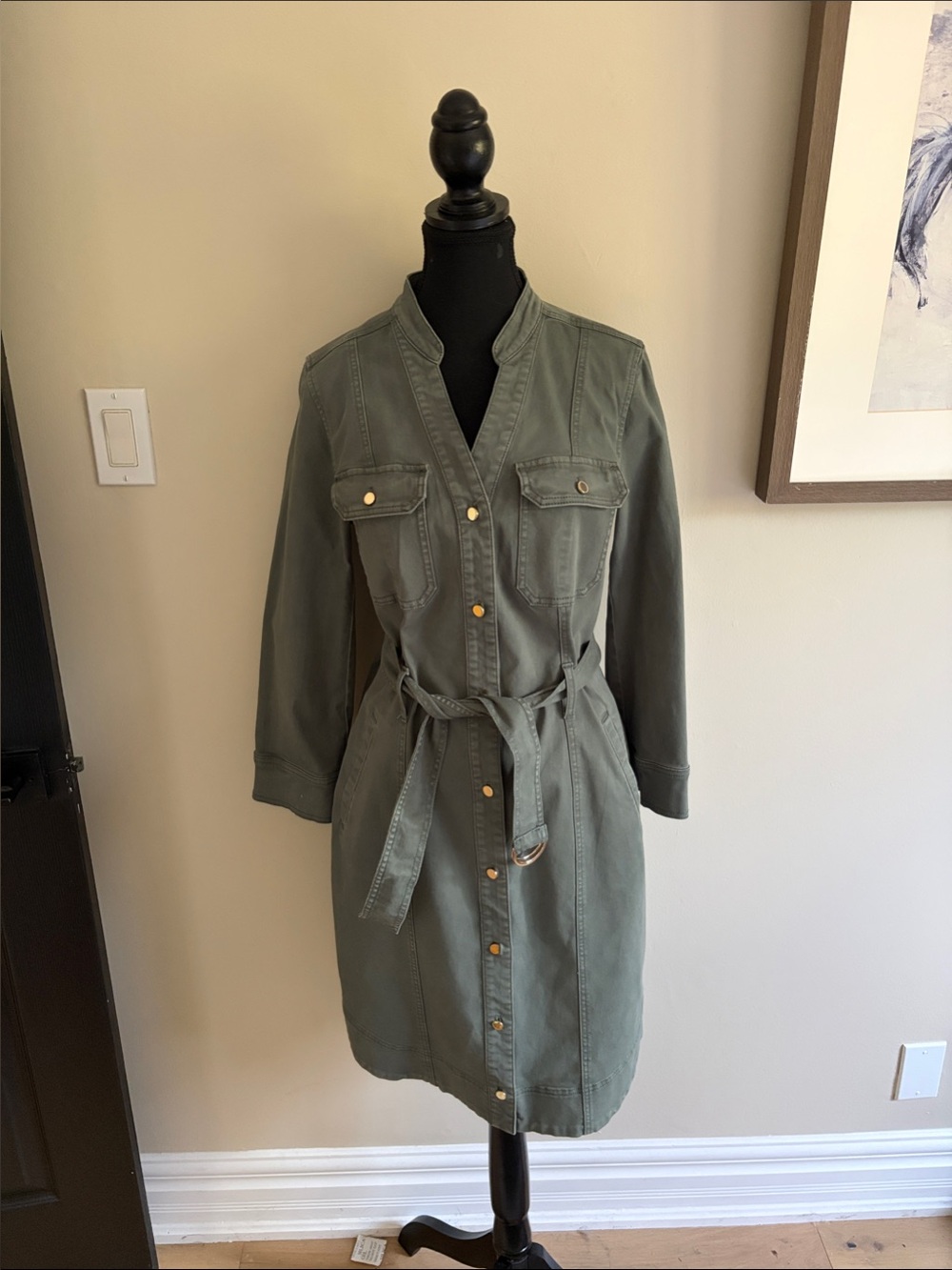 White House Black Market washed Teal Utility/Safari Shirtdress with Tie Waist